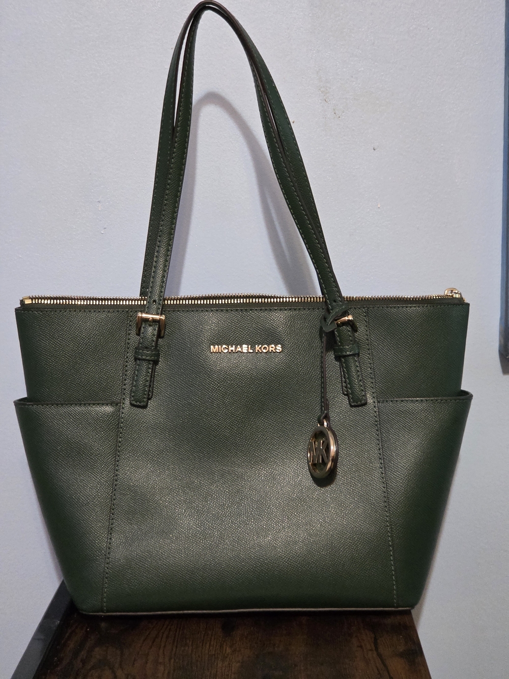 Michael Kors Dark Green Saffiano Tote with Gold Hardware